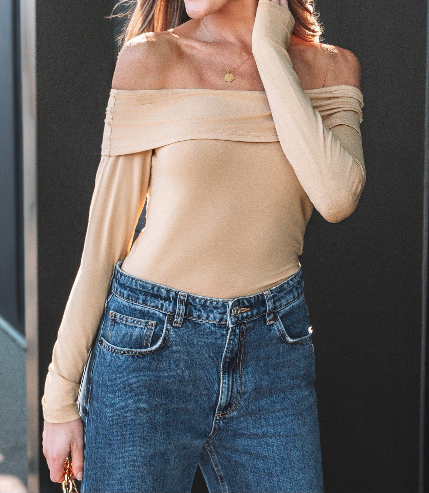 Smoke Gray Foldover Off Shoulder Long Sleeve Slim Top