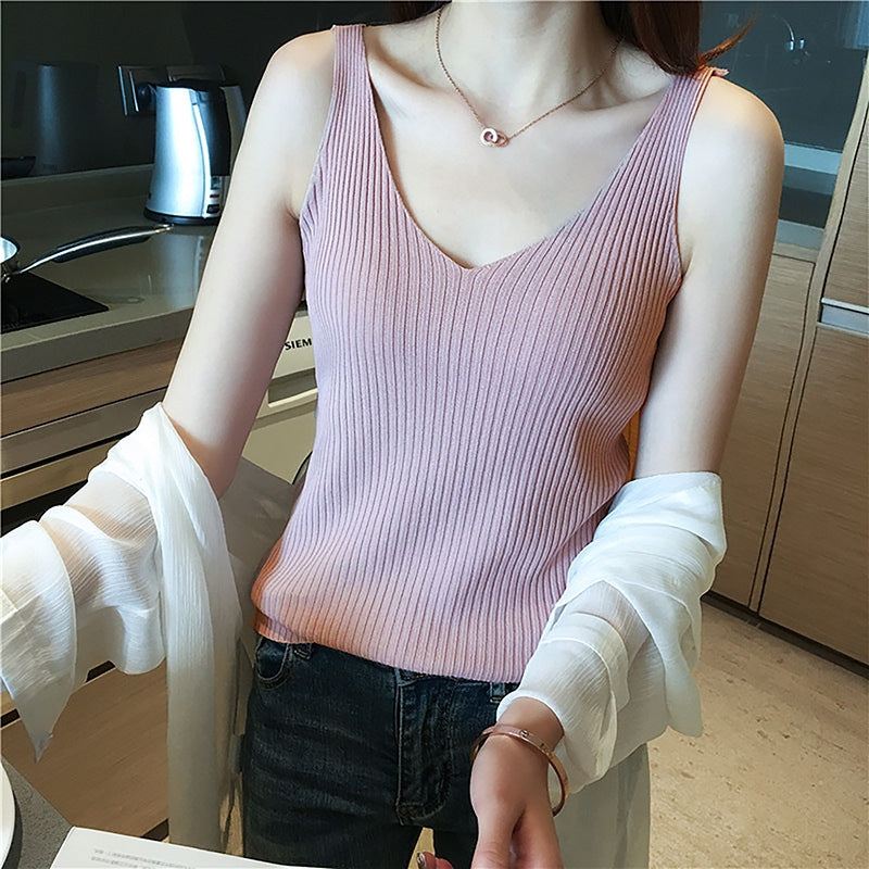 V-Neck Ribbed Knit Cami Top | Elegant Sleeveless Layering Tank