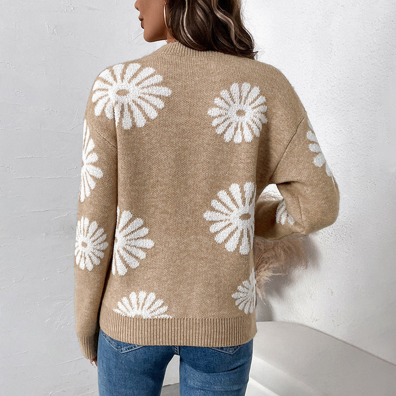 Floral Round Neck Pullover Knit Sweater | Autumn Winter Casual Boutique Top