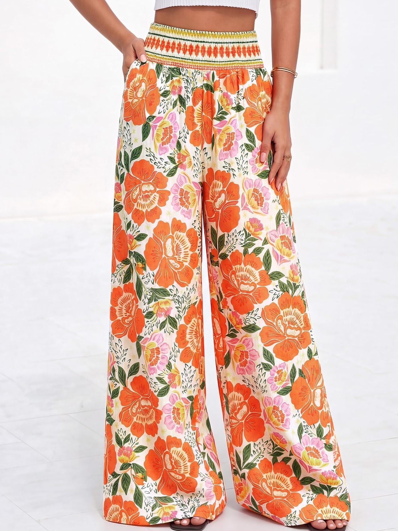 Printed High-Waist Wide-Leg Pants | Casual Comfortable Travel Trousers