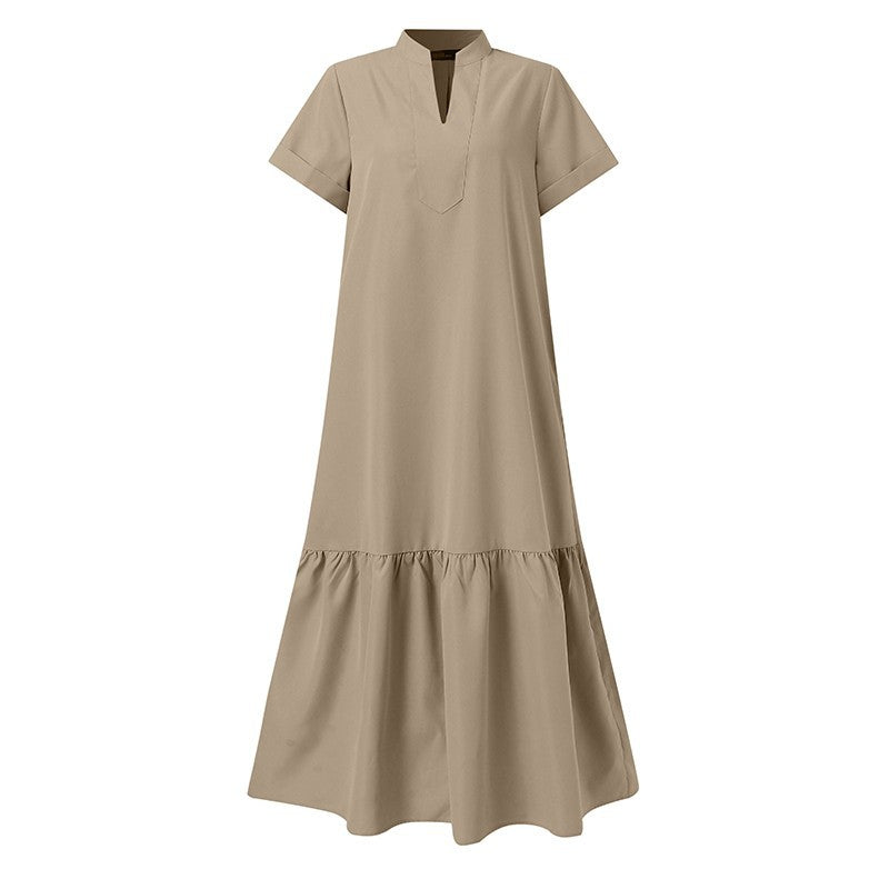 Stand Collar V-Neck Mermaid Maxi Dress | Elegant Pleated Short Sleeve Dress