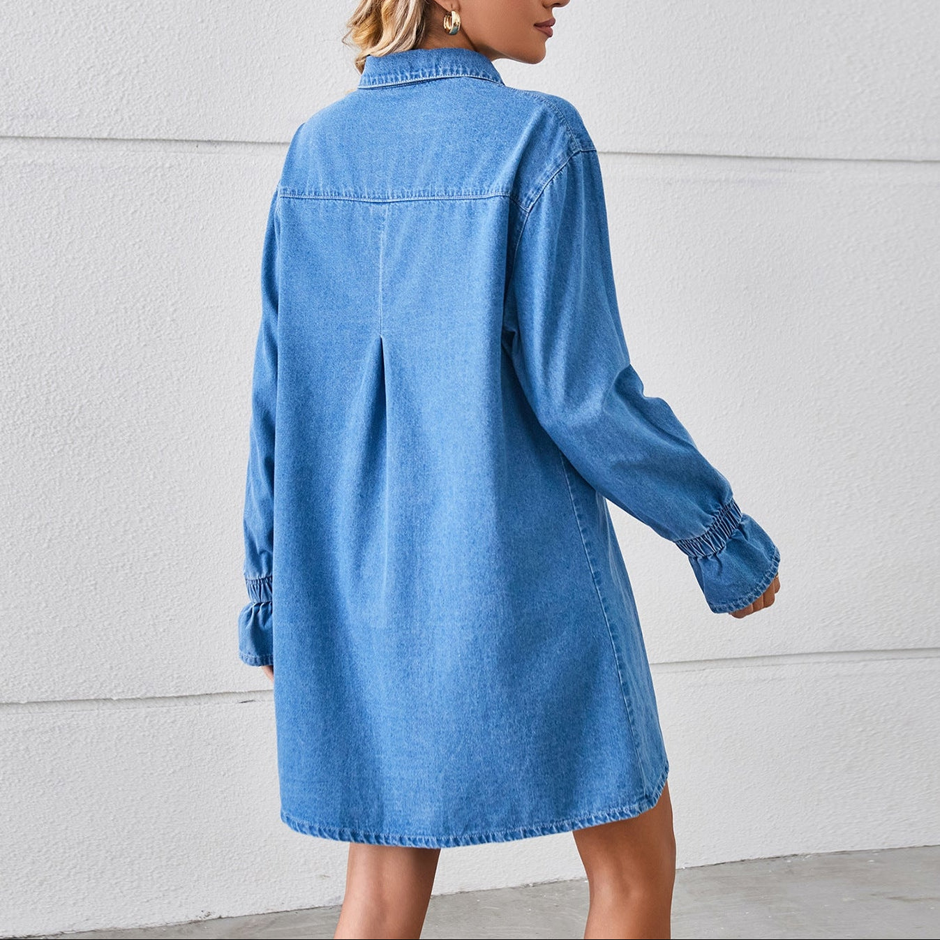 Washed Denim Lapel Dress | Flared Sleeve Casual Boutique Dress