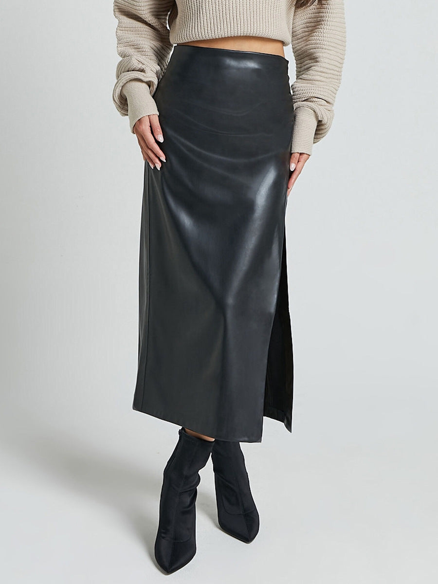 PU-Look High-Waist Slit Bodycon Maxi Skirt | Zipper Boutique Long Skirt