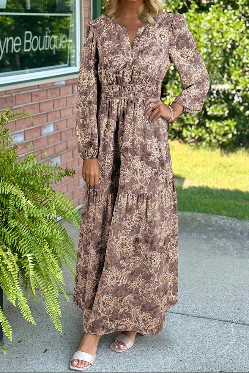 Brown Floral Print Smocked High Waist Long Sleeve Maxi Dress