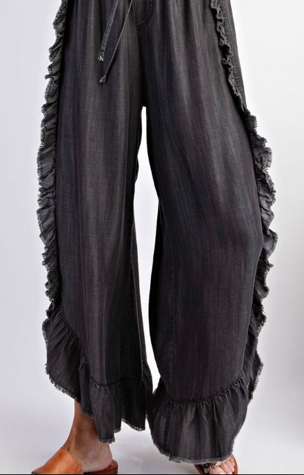 Boho Ruffle Raw-Hem Flare Denim Pants | Mid-Rise Spring Summer Trousers