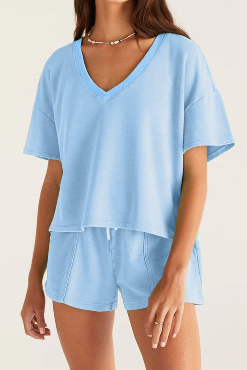 Myosotis V Neck Drop Shoulder Tee and Patchwork Drawstring Elastic Waistband Shorts Set