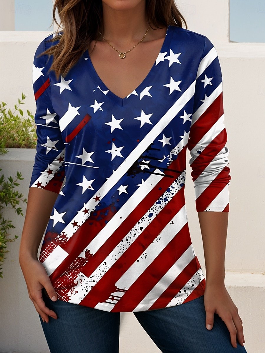 Independence Day Patriotic V-neck Long-sleeved Women's T-shirt
