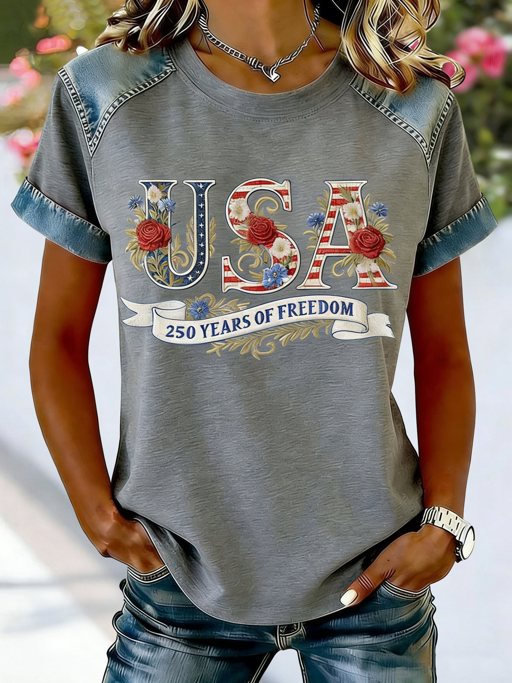 Waffle Color Block Crew Neck Short Sleeve Amercia Flag Roes Denim Look/Denim Effect Casual T-Shirt