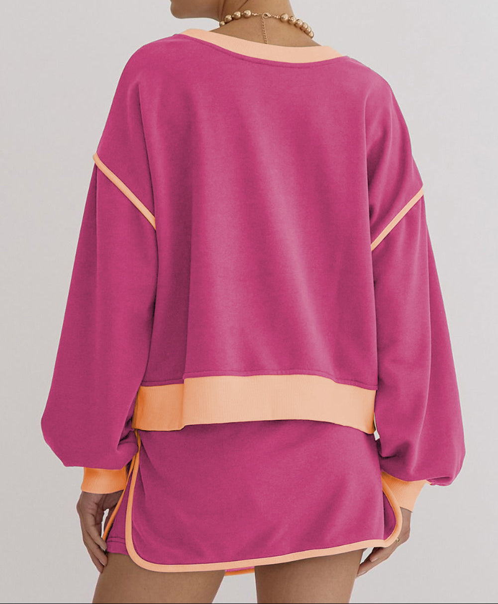 Rose Red Color Contrast Loose Pullover and Lace-up Waist Skort Set