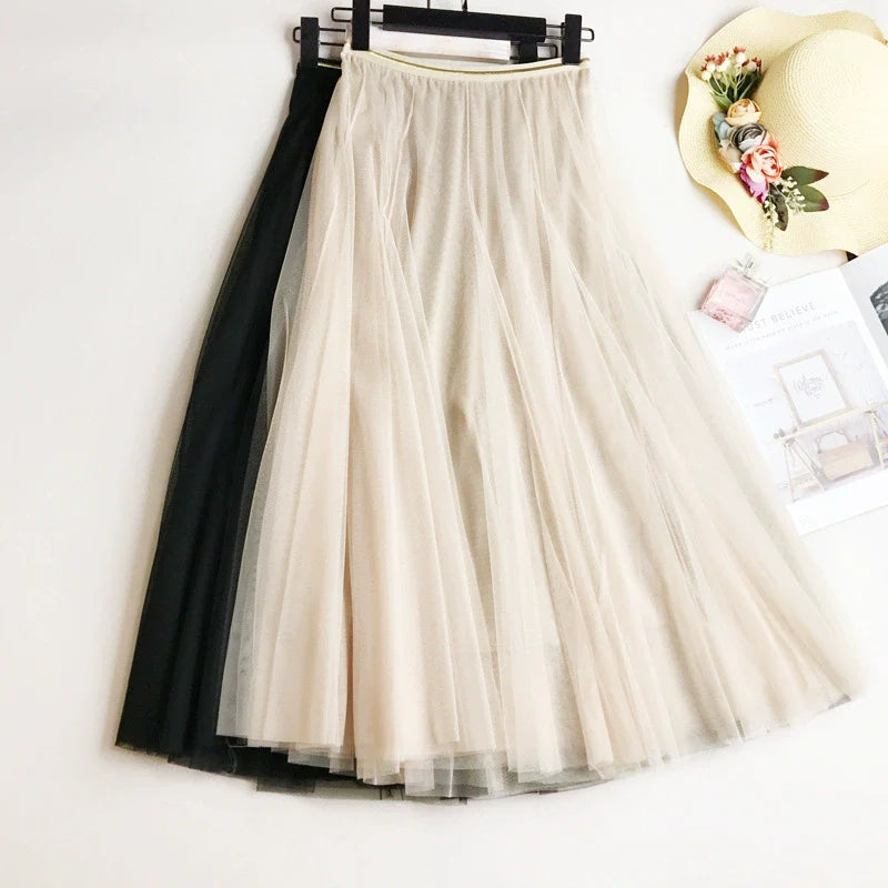 Elastic Waist Midi Tulle Skirt