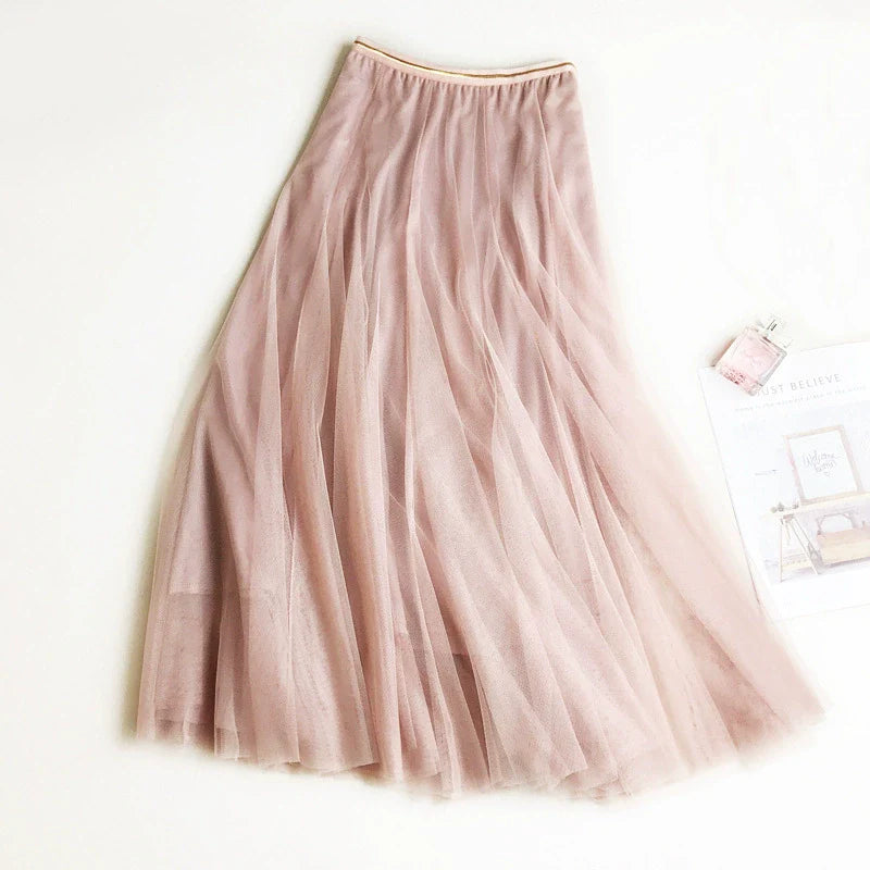 Elastic Waist Midi Tulle Skirt