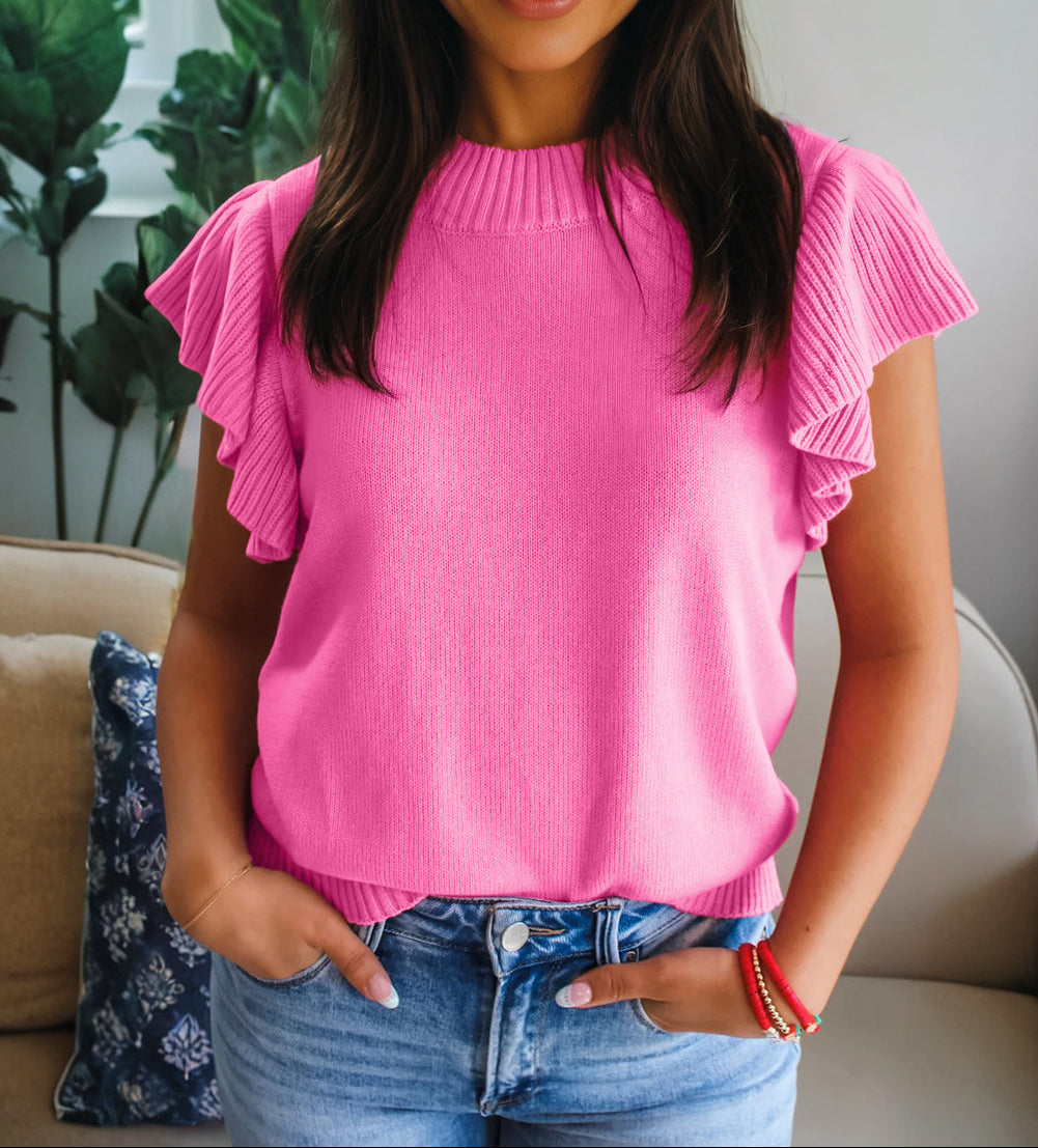Sachet Pink Solid Color Ribbed Trim Round Neck Ruffle Short Sleeve Sweater