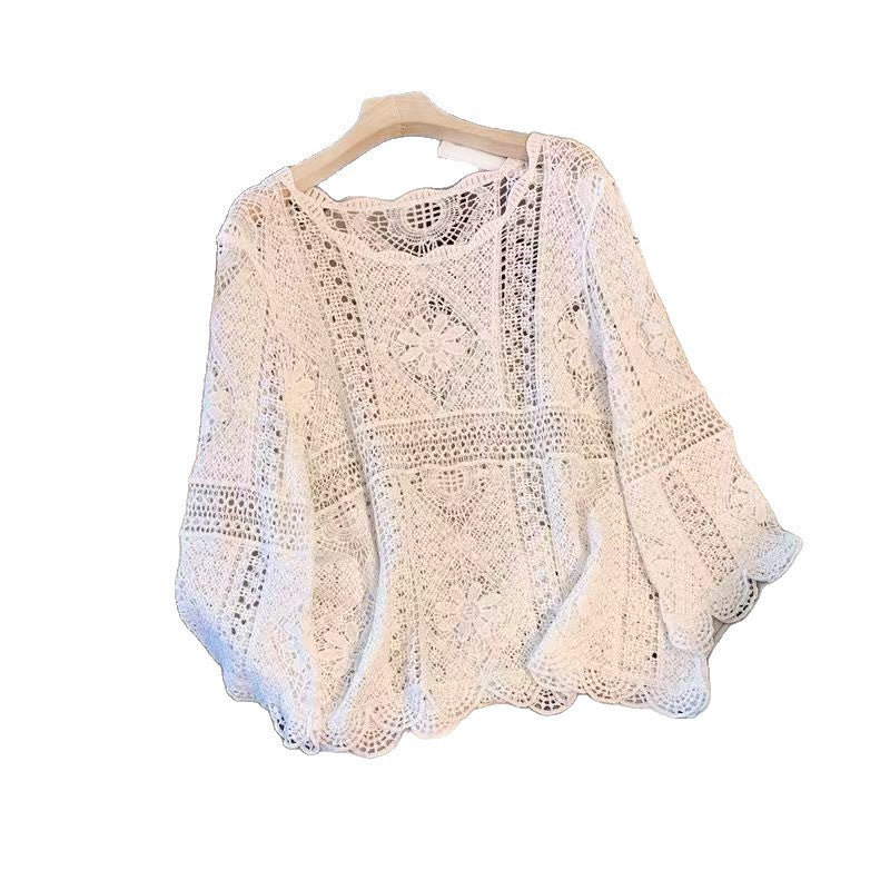 Boho Crochet Hollow Knit Pullover Top | Bell Sleeve Cotton Cover-Up
