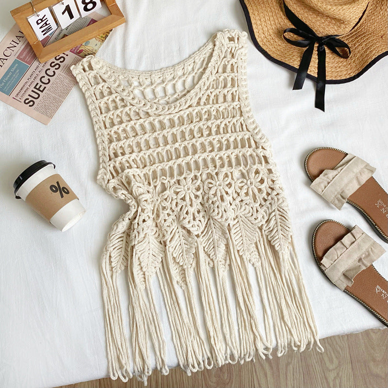 Boho Fringe Woven Sleeveless Cover-Up Top | Cotton Beach Vacation Layering Top