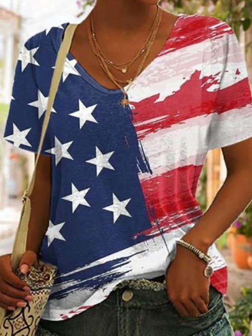 Women's American Flag Printed Casual Cotton V-Neck T-Shirt