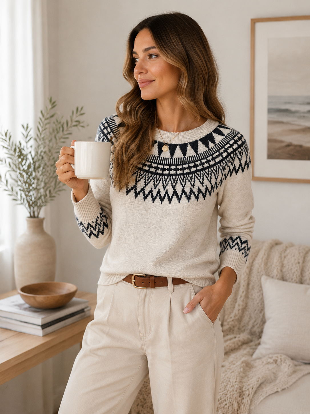 Ethnic-Inspired Round Neck Pullover Knit Sweater | Casual Viscose Boutique Top