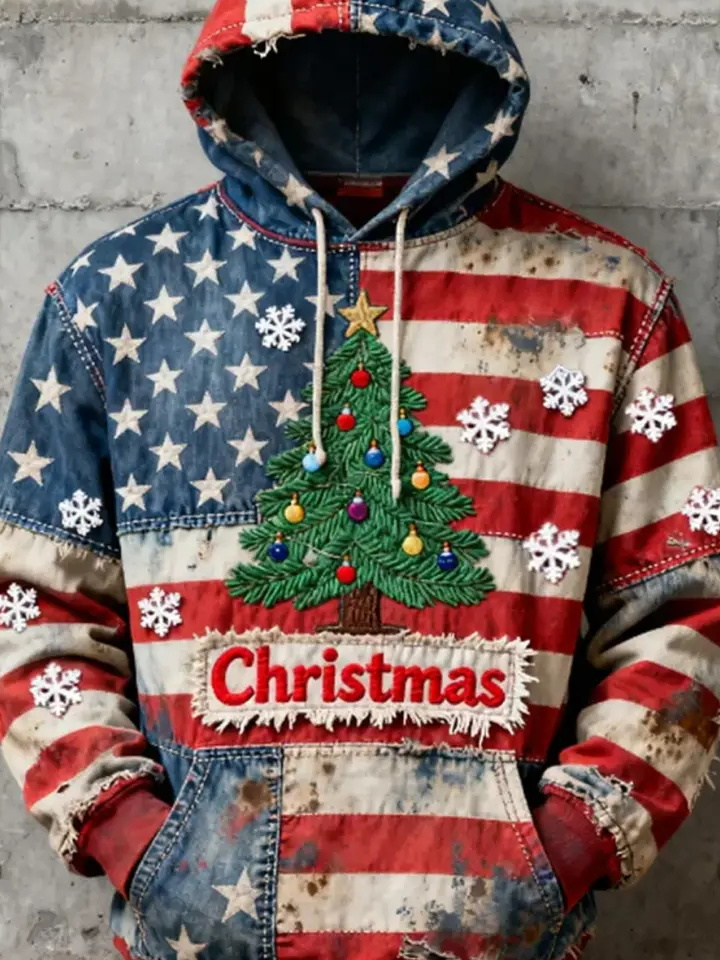 Men's Retro Christmas Distressed American Flag 3D Print Ugly Hoodie