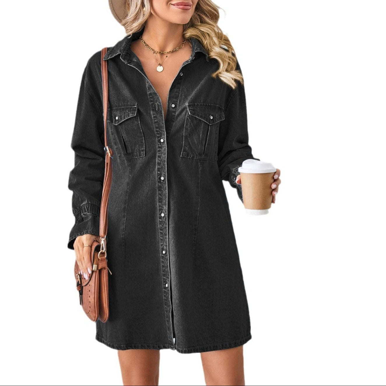 Washed Denim Lapel Dress | Flared Sleeve Casual Boutique Dress