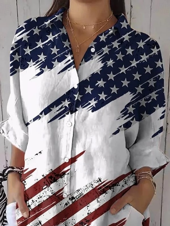 Women's American Flag Printed Casual Mid-Length Sleeve Shirt