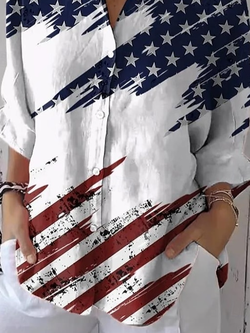 Women's American Flag Printed Casual Mid-Length Sleeve Shirt