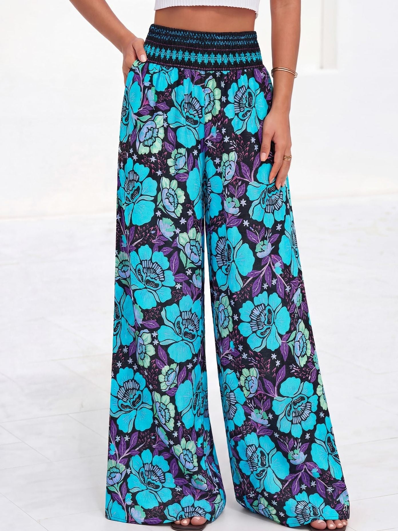 Printed High-Waist Wide-Leg Pants | Casual Comfortable Travel Trousers