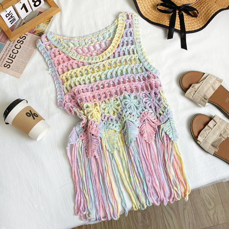 Boho Fringe Woven Sleeveless Cover-Up Top | Cotton Beach Vacation Layering Top
