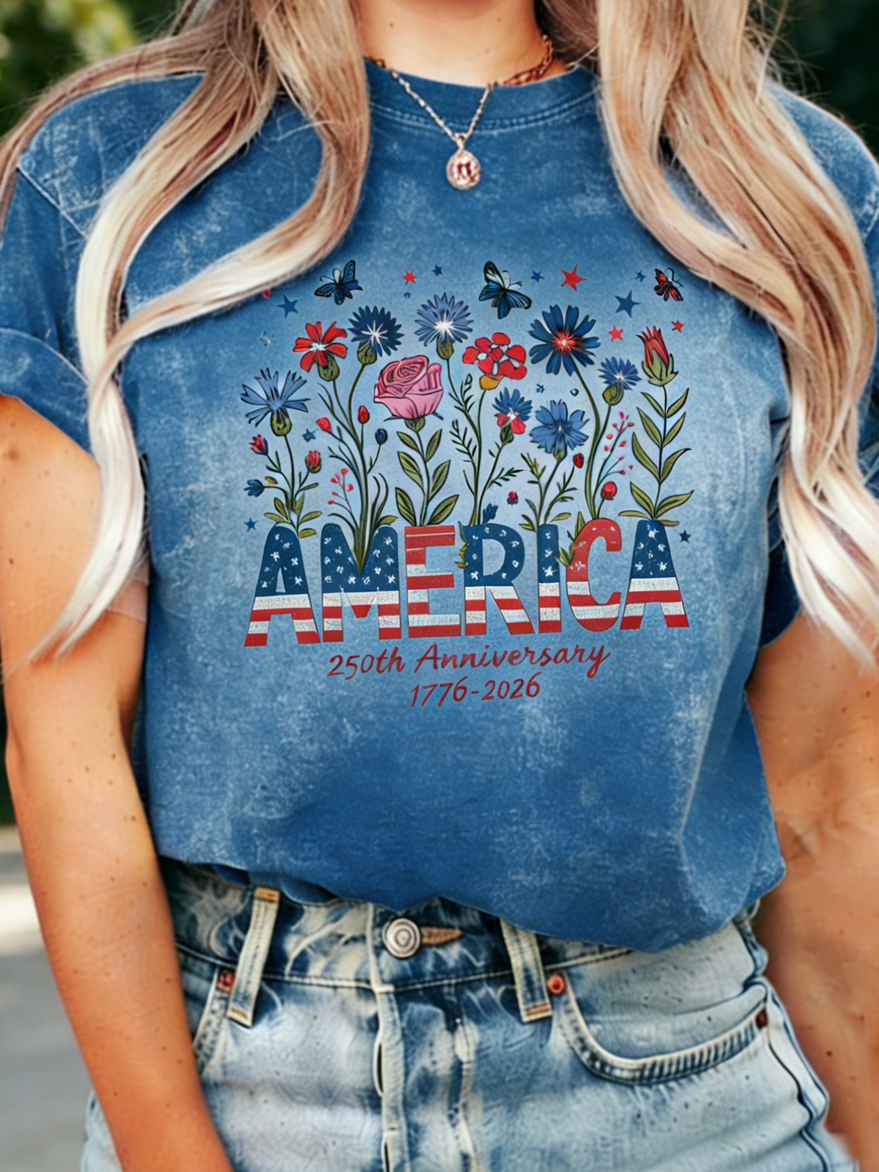 250th anniversary Independence Day  Vintage Floral Printed  Casual T-Shirt