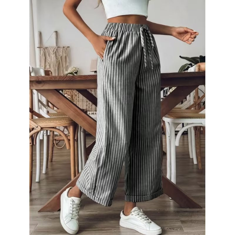 Striped Wide Leg Cropped Pants | Casual Elastic Waist Trousers