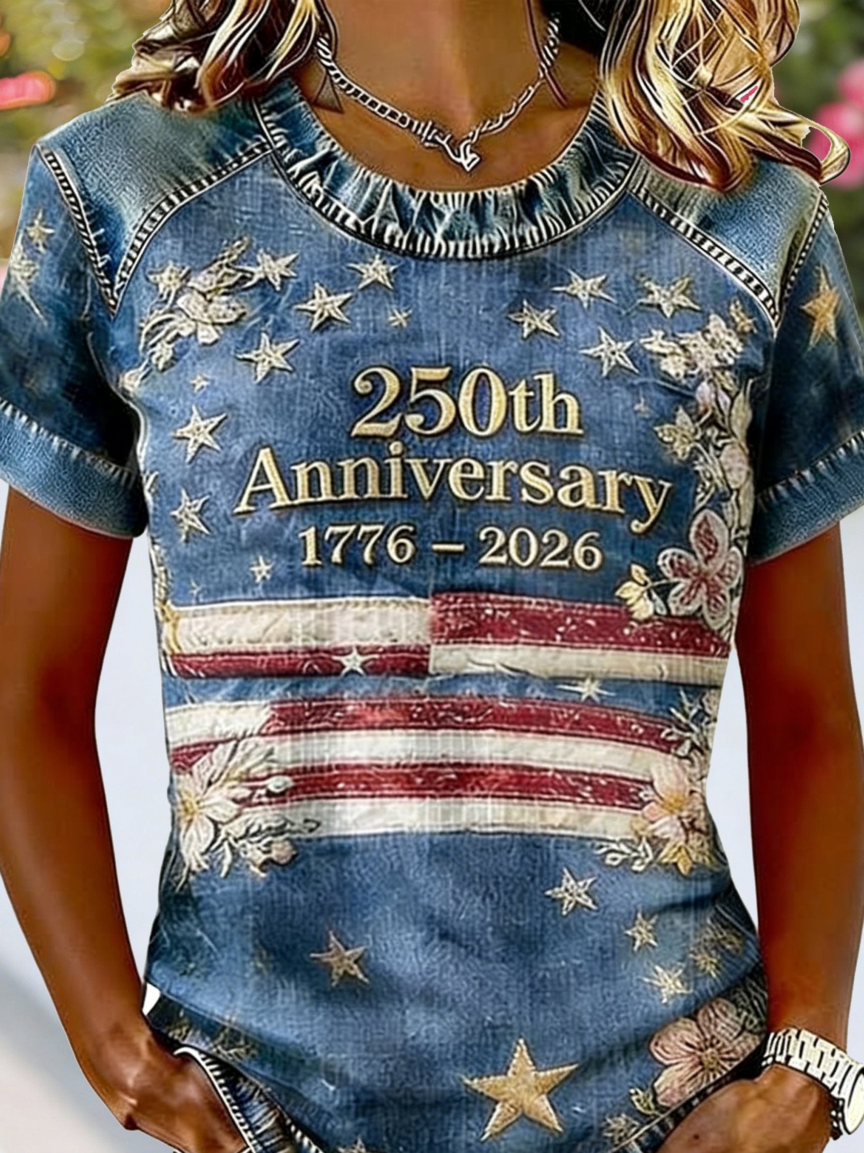 Waffle Color Block Crew Neck Short Sleeve Amercia Flag Roes Denim Look/Denim Effect Casual T-Shirt