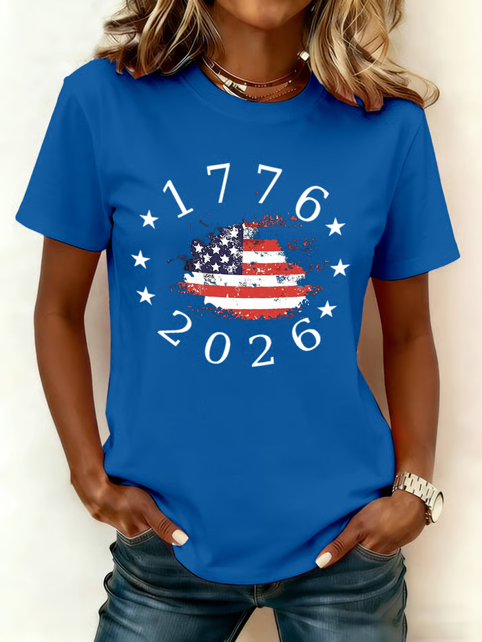 Women's Short Sleeve T-shirt Summer Red America Flag Printing Jersey Crew Neck Daily Going Out Casual Top