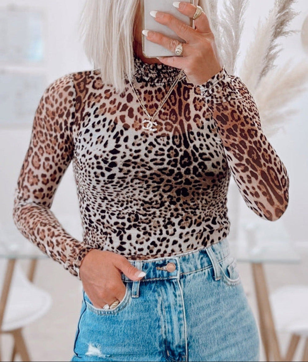 Brown Leopard Smocked Neck Mesh Long Sleeve Bodysuit