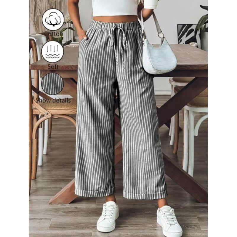 Striped Wide Leg Cropped Pants | Casual Elastic Waist Trousers