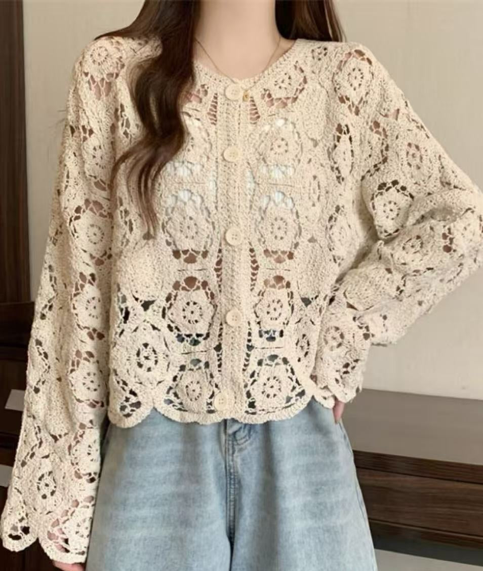 Vintage Jacquard Crochet Patchwork Knit Cardigan Top