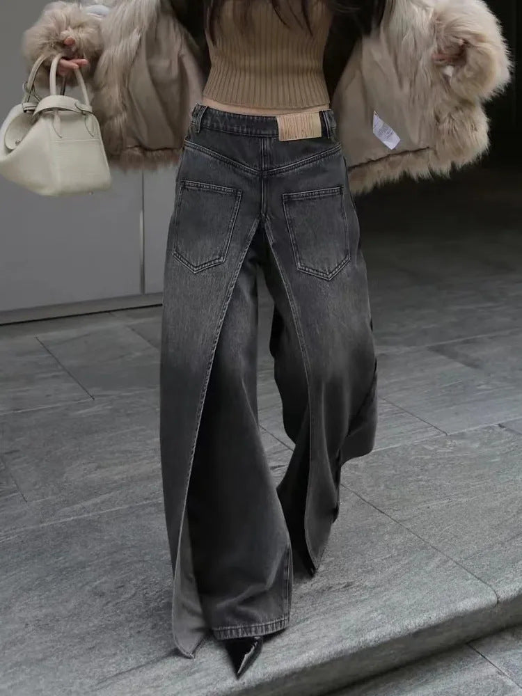 Reversible Wide-Leg Denim Pants | Patchwork Straight-Leg Punk Jeans