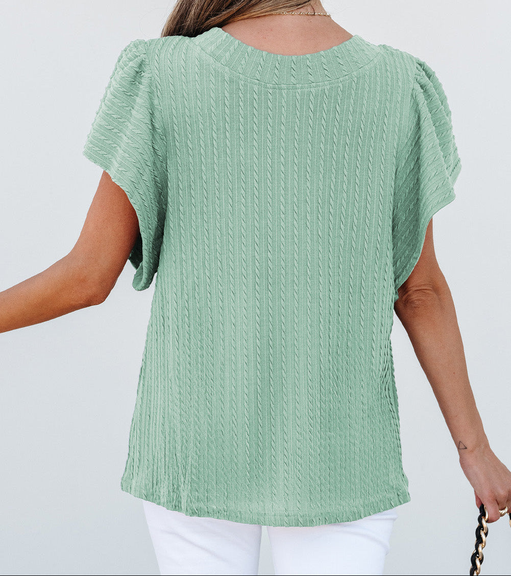 Moonlight Jade Solid Color Textured Flutter Sleeve Top