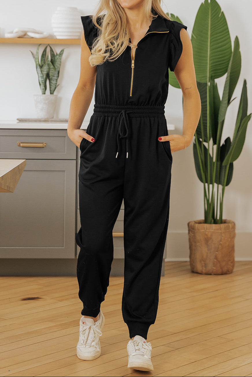 Black Zipper Flutter Sleeve Drawstring Elastic Waistband Jumpsuit