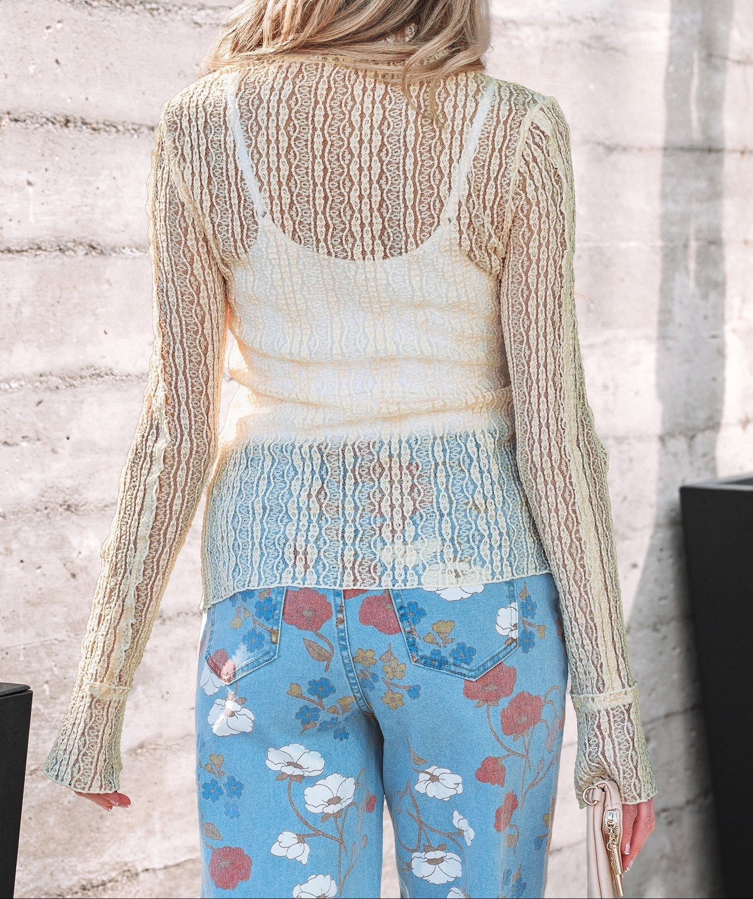 Apricot Flounced Long Sleeve Mock Neck Sheer Lace Top