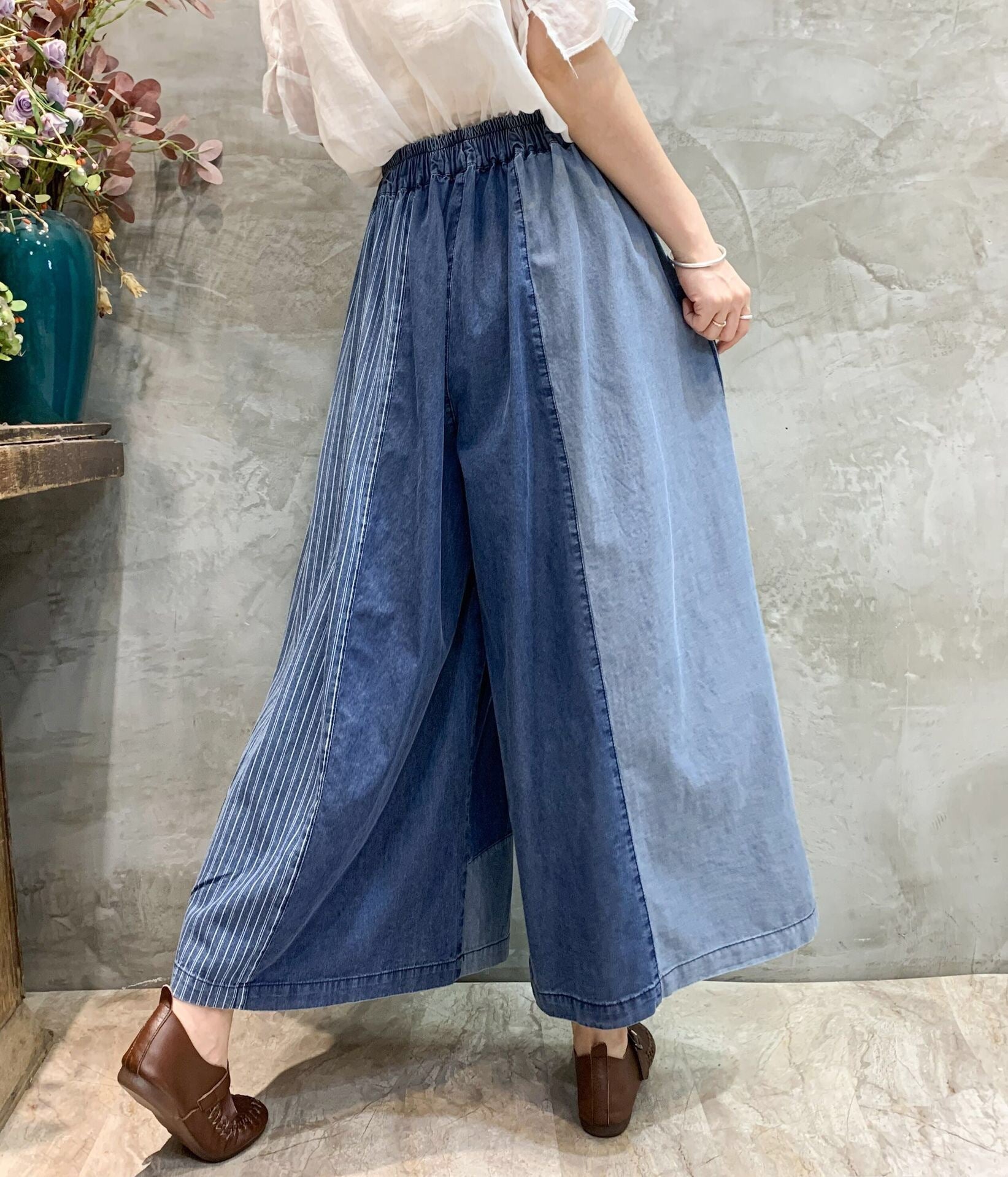 Patchwork Wide-Leg Denim Pants | Elastic Waist Drawstring Vintage Trousers