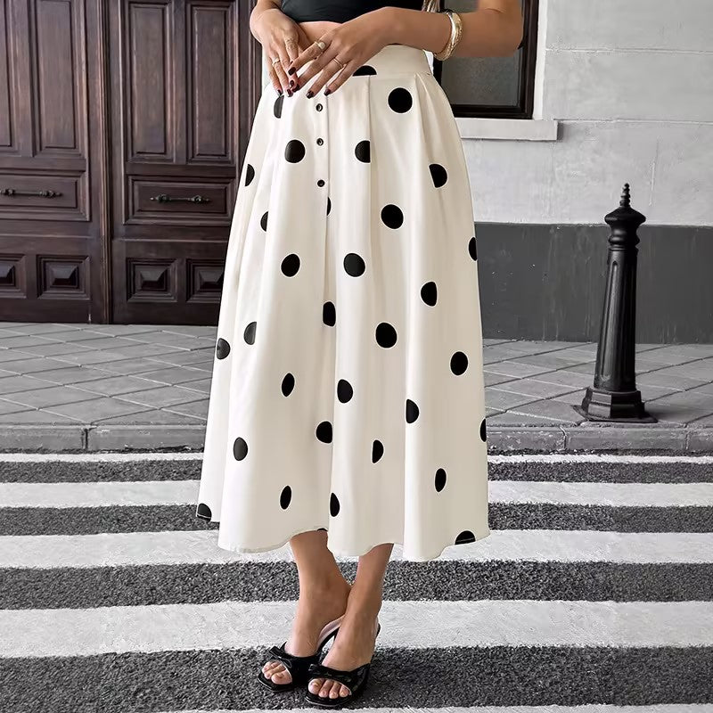 White Polka Dot Elastic Waist A-Line Skirt | Retro Elegant Boutique Skirt