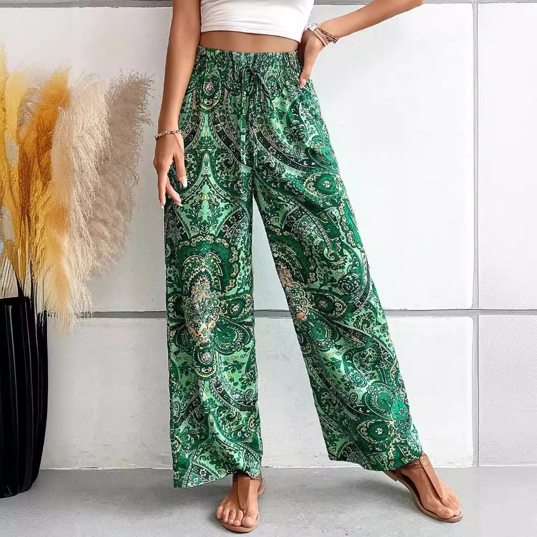 Printed Elastic Waist Wide-Leg Pants | Summer Casual Travel Trousers
