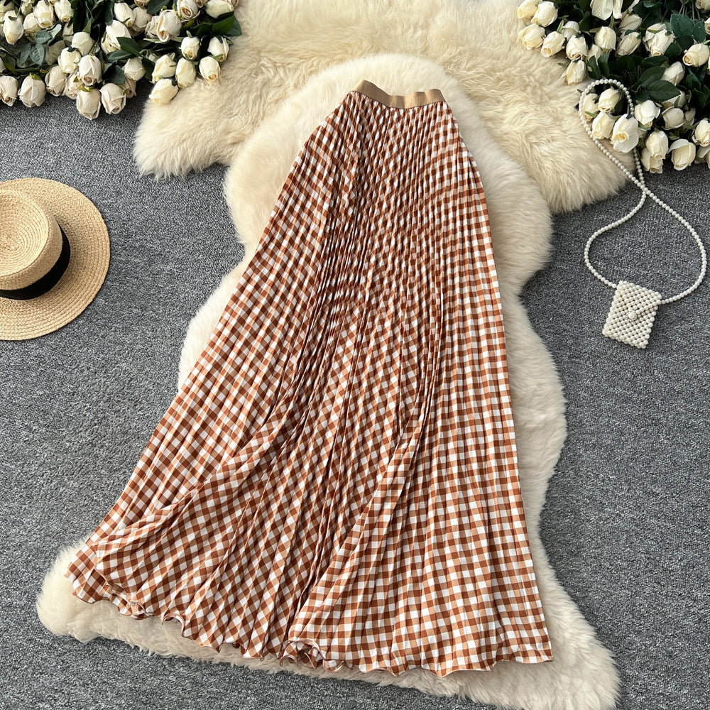 Plaid Floral Wavy Pleated Maxi Skirt | High-Waist Cotton-Blend Skirt
