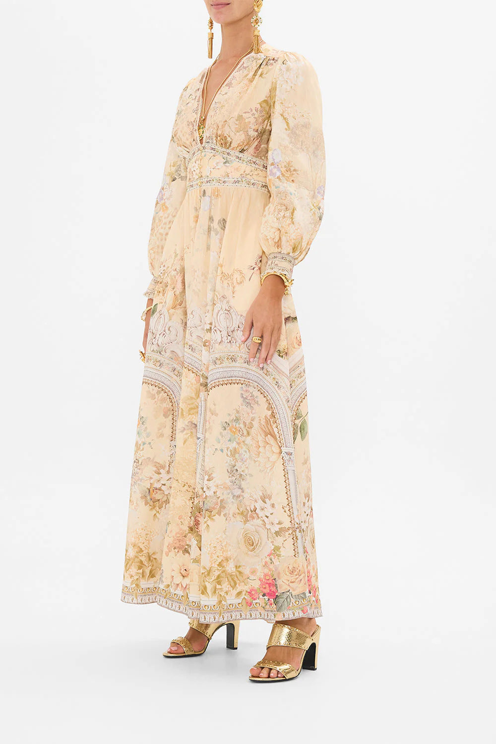 Printed V-Neck Puff Sleeve Belted Dress | Elegant Casual Midi Dress