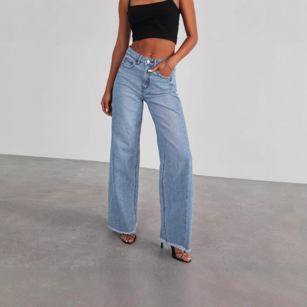 Washed Cotton Wide-Leg Floor-Length Jeans | Loose Fit Casual Denim Pants