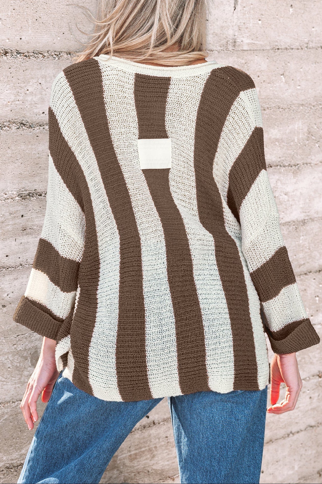 Brown Stripe Colorblock V Neck Bracelet Sleeve Sweater