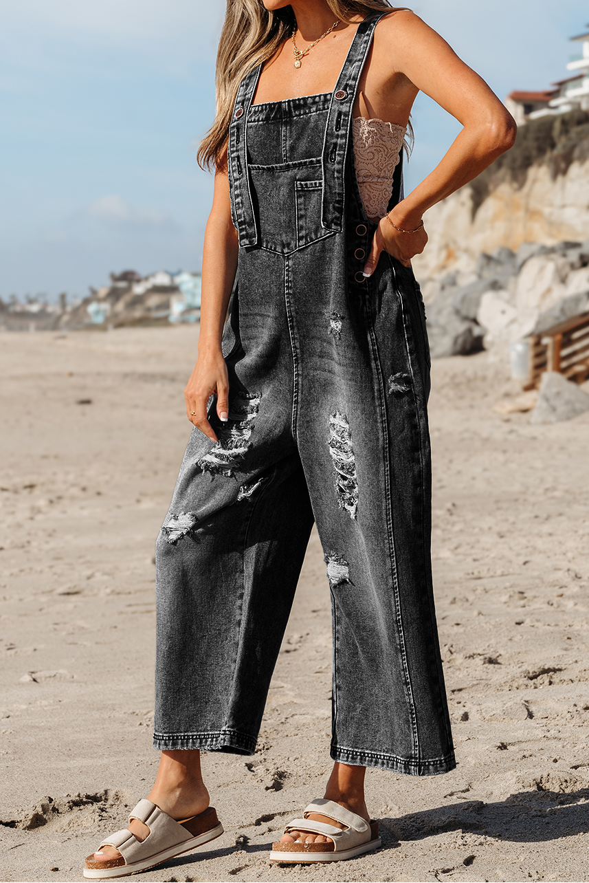 Black Distressed Bib Pocket Wide Leg Denim Overall