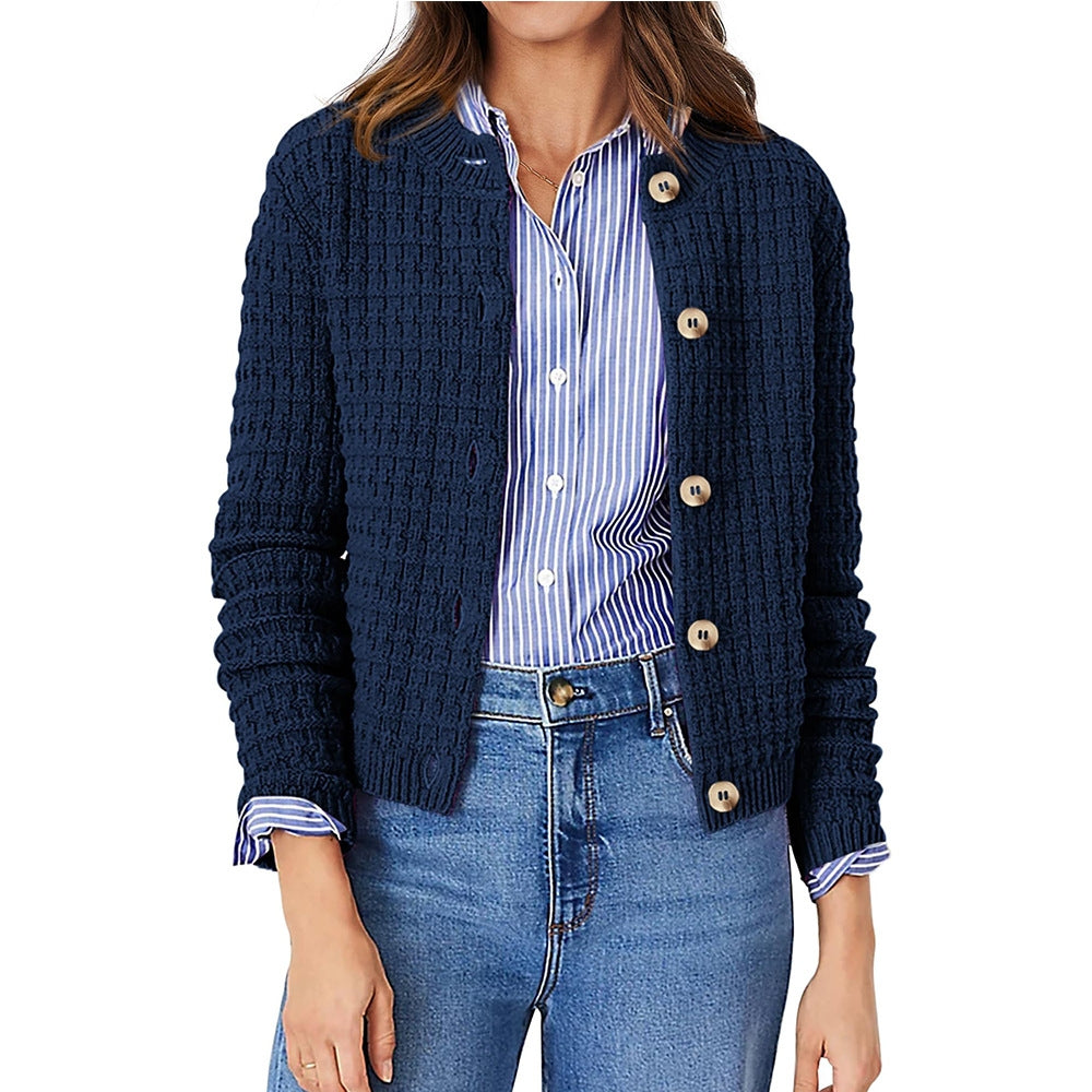 Solid Round Neck Knit Cardigan Sweater | Casual Commuter Basic Layering Top