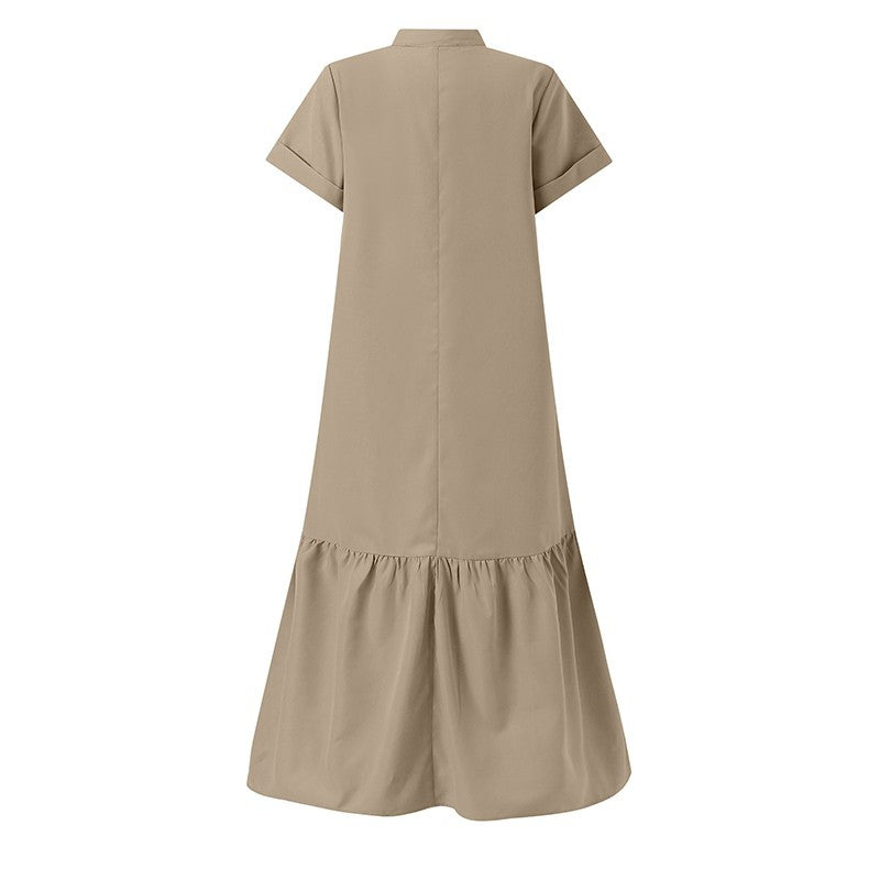 Stand Collar V-Neck Mermaid Maxi Dress | Elegant Pleated Short Sleeve Dress