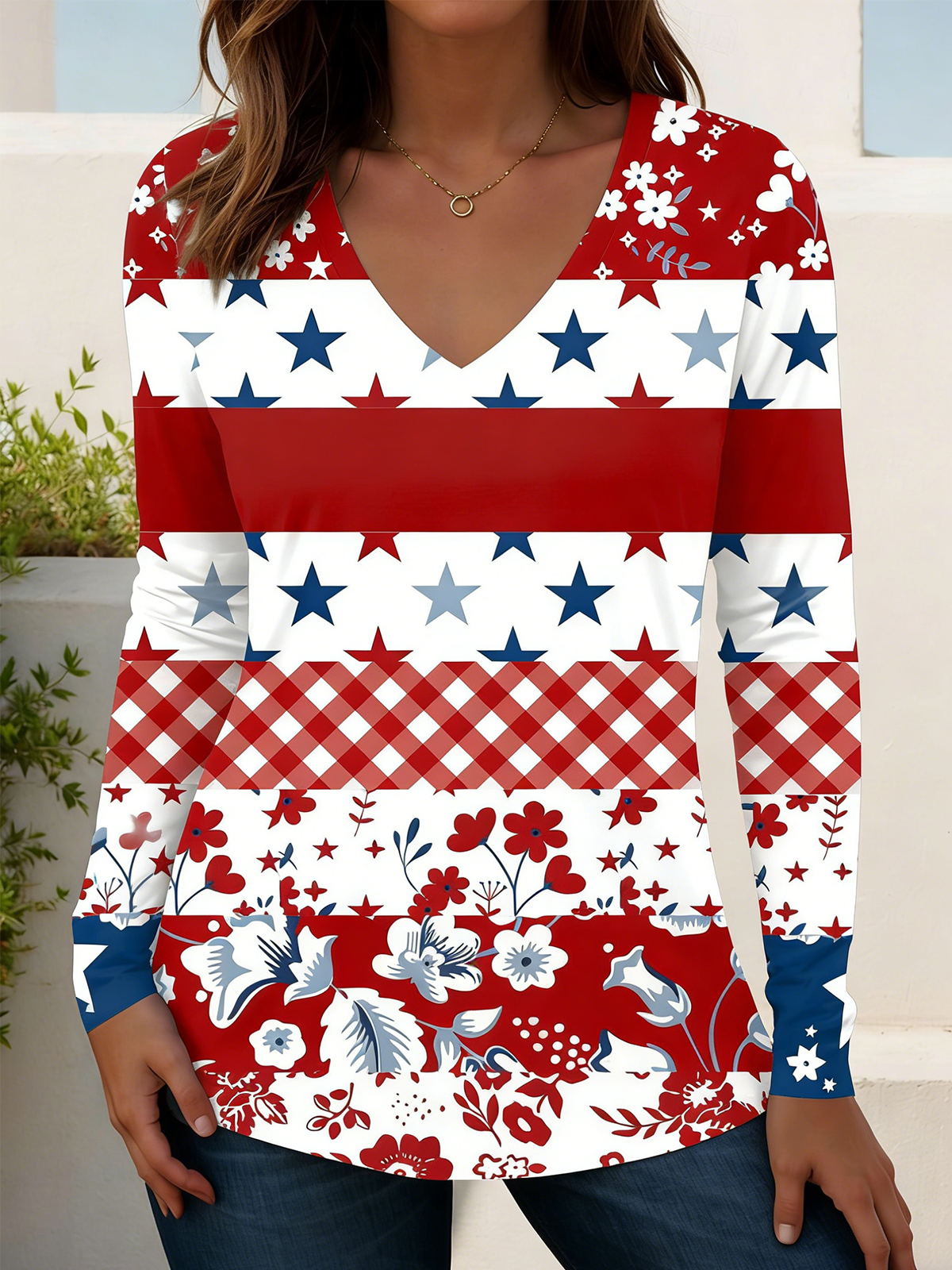 Independence Day Patriotic V-neck Long-sleeved Women's T-shirt