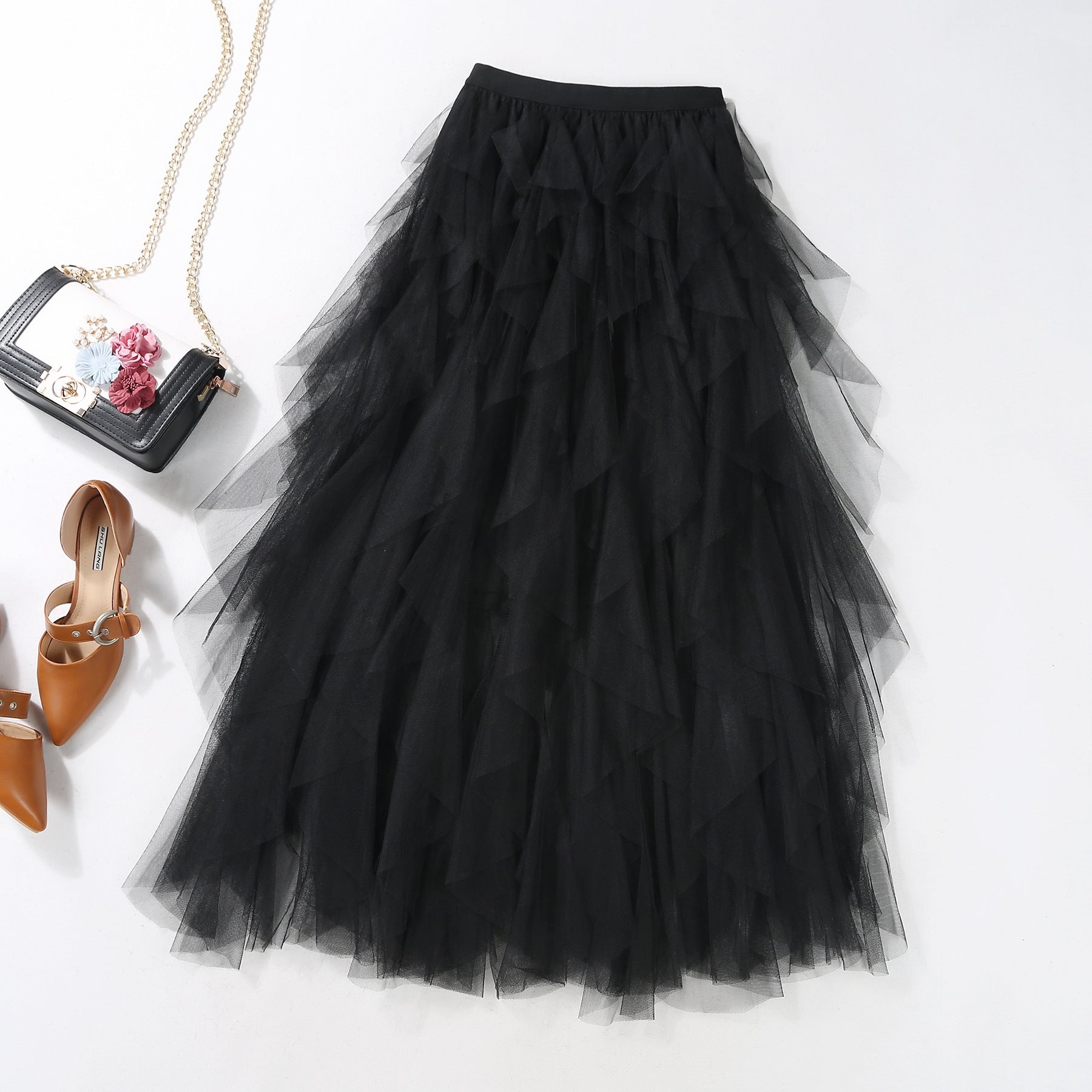 Asymmetrical Layered Mesh Midi Skirt | Romantic Tiered Cake Skirt