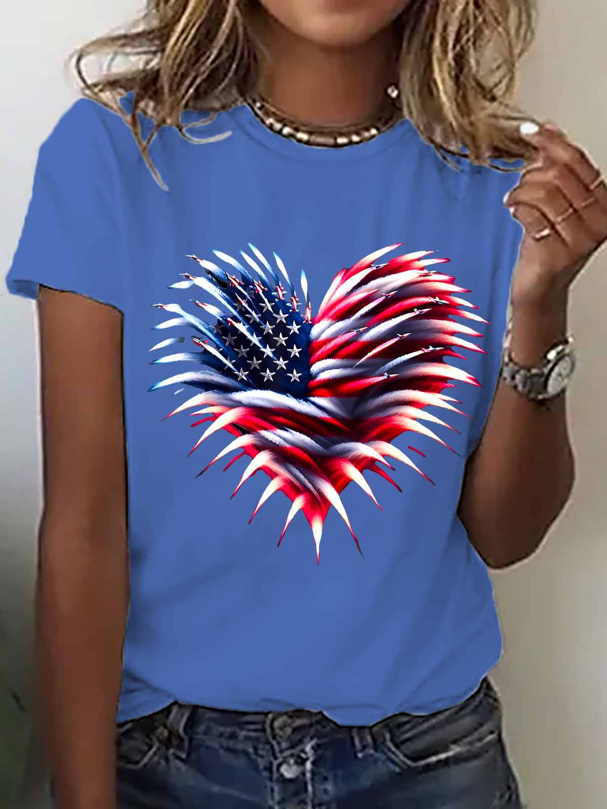 Independence Day Flag Heart Fireworks Cotton T-Shirt